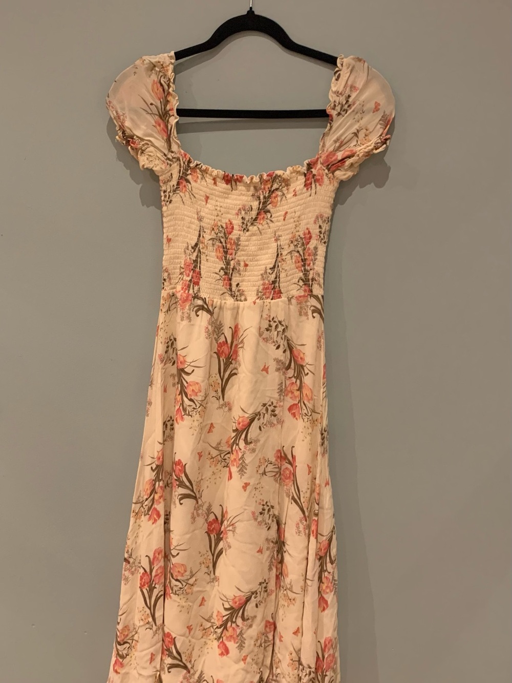 Reformation Cream Floral Puff-Sleeve Midi Dress